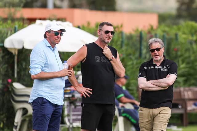 Posh co-owners in Portugal, from the left, Dr Jason Neale, Darragh MacAnthony and Stewart Thompson.