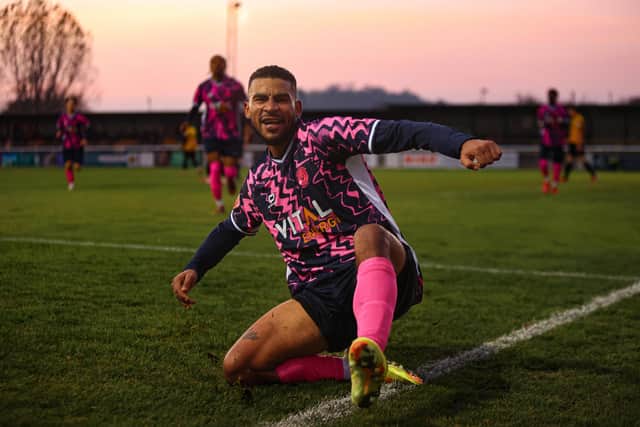 Leon Lobjoit celebrates a goal for Peterborough Sports at Leamington. Photo Darren Wiles