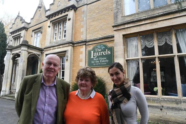 Desmond and Jacqui Shiels (former owners) with new owner Yasamine Watts outside the Laurels Care Home in Market Deeping