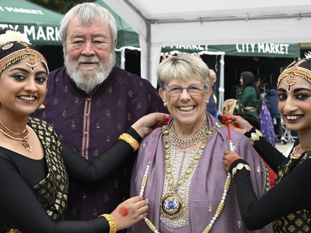 Mayor cllr Judy Fox and consort cllr John Fox in Cathedral Square for the festival