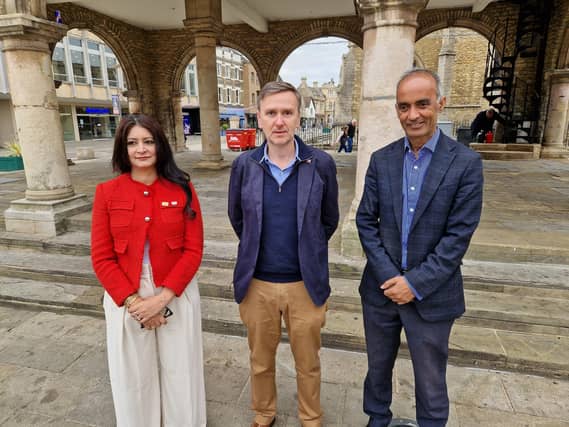 Cllr Shabina Qayyum, leader of Peterborough City Council, with Andrew Pakes, Peterborough MP, and Cllr Mohammed Farooq, the council's leader for growth and regeneration.