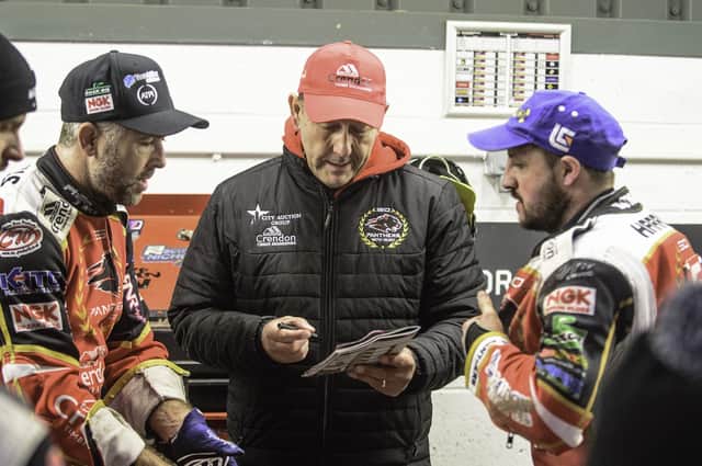 Scott Nicholls (left) will team up with Chris Harris (right) in the Premiership Pairs at Wolverhampton. Also pictured is Panthers team manager Ian Charles. Photo: Ian Charles MI News.