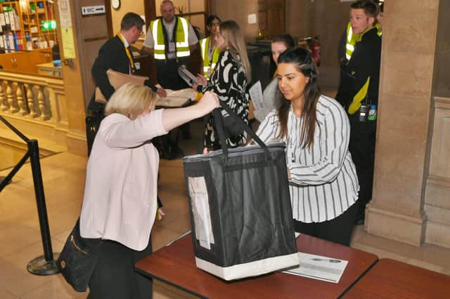 The ballot papers for Park Ward arrive, the first ward to arrive at the town hall.