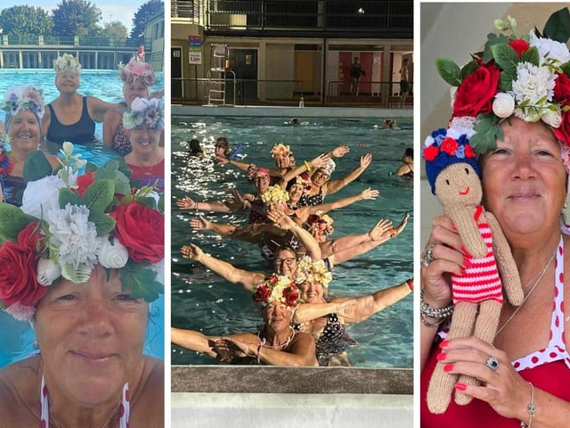 Synchronised in their support for the Lido. The Lido Belles, with the group founder, Vicki Royal, pictured front (left photo) front (centre photo), and right, and members Isabel Knipe, 79,  Lisa Schoepe, 55,  Jane Austin, 70, Megan Studholme-Dooley, 54, Jeanne Butler, 64, Carol Ciani, 65, Karin Macleod, 55, Louise Turner, 55, and Lisa Taylor, 53.