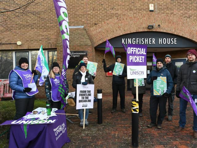 UNISON picket line outside the Environment Agency offices at Kingfisher House, Orton Goldhay