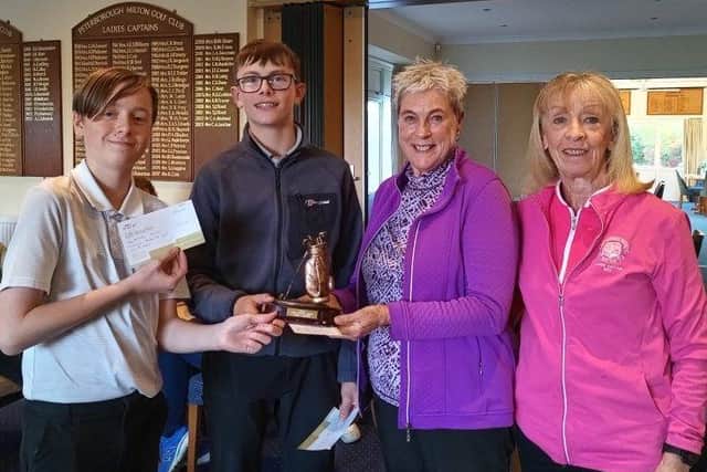 Christine Patrick Trophy winners, from left, Cameron Hawes, Kai Peggs, Ann Lowrey  and Milton ladies captain Chris Laxton.