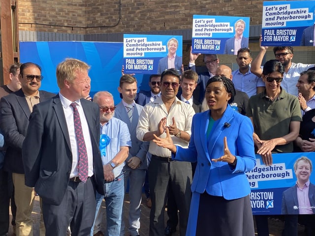 Conservative Party leader Kemi Badenoch celebrates with winning candidate Paul Bristow back in Peterborough.