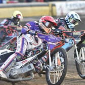 Niels-Kristian Iversen (red helmet) racing for Panthers against Wolves on Monday. Photo: David Lowndes.