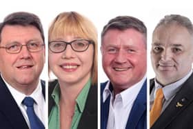 Group leaders Chris Harper (Peterborough First), Nicola Day (Greens), Dennis Jones (Labour) and Christian Hogg (Liberal Democrats) support the motion of no confidence in Conservative council leader Wayne Fitzgerald