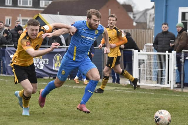 Nathan Fox in action for Peterborough Sports against Bradford Park Avenue. Photo: David Lowndes.