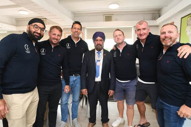 Local businessman Jaspal Singh (centre) with some of the England Legends team. All photos; David Lowndes.