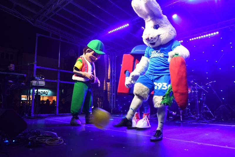 The Posh mascots got to have a kick about on stage.