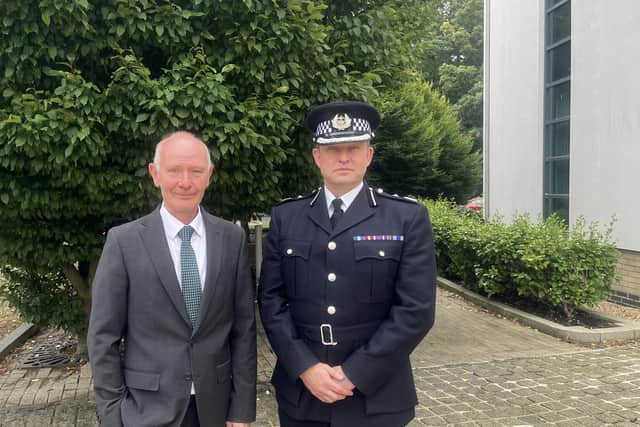 Police and crime commissioner Darryl Preston (left) with newly appointed chief constable Simon Megicks (right) outside Huntingdonshire District Council offices Photo: Joe Griffin/LDRS