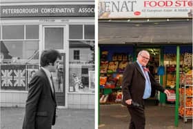 1981 - Nigel Cornwell walking past the Conservative Association HQ  in Dogsthorpe Road - and decades later, with the building now a food shop.