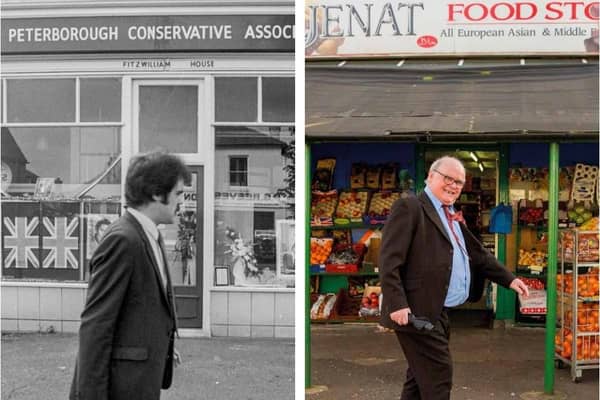 1981 - Nigel Cornwell walking past the Conservative Association HQ  in Dogsthorpe Road - and decades later, with the building now a food shop.