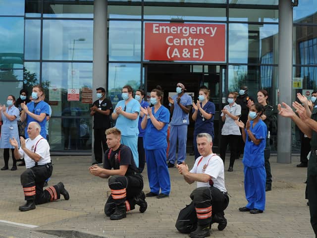 Emergency service and NHS staff clap to celebrate 72nd anniversary of the NHS at Peterborough City Hospital during the pandemic in 2020