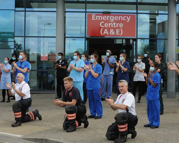 Emergency service and NHS staff clap to celebrate 72nd anniversary of the NHS at Peterborough City Hospital during the pandemic in 2020