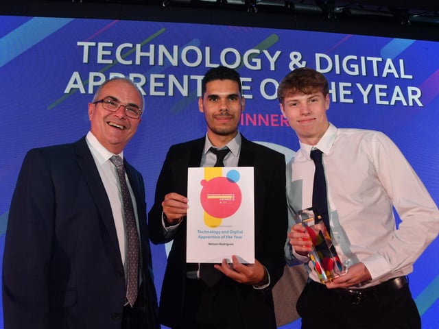 Peterborough Telegraph Apprenticeship Awards 2024. Technical and digital Apprentice of the Year -Mervyn Prior with winner Ryan Horn (right) and finalist Nelson Rodrigues (centre)