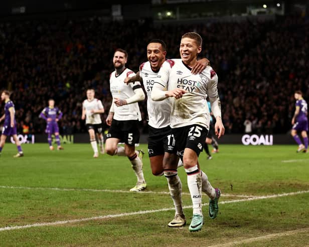 Dwight Gayle has three goals in three games for Derby County (Photo by Naomi Baker/Getty Images).