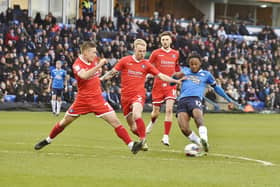 Ricky-Jade Jones sees a shot blocked for Peterborough United. Photo: Joe Dent.