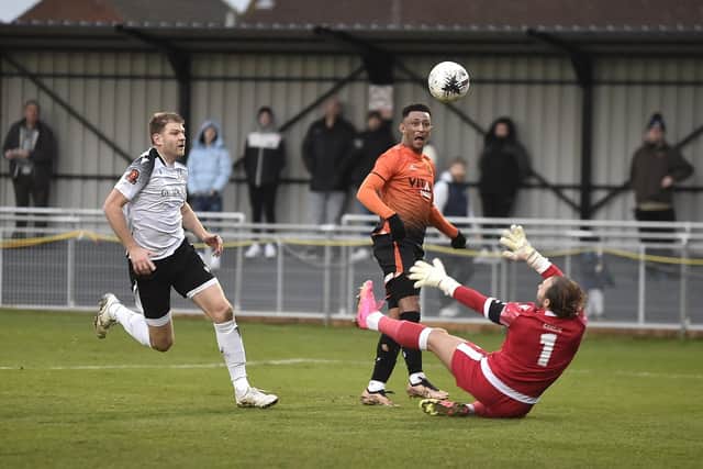 Peterborough Sports star Dione Sembie-Ferris just missed with this goal attempt against Bishop's Stortford. Photo: David Lowndes.