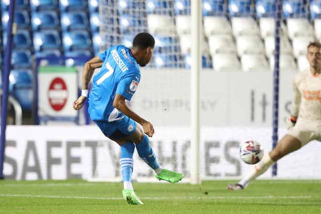 Malik Mothersille scores for Posh v Blackpool. Photo Joe Dent/theposh.com