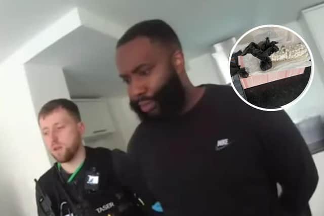 Olusegun Babalola is arrested, and inset, some of the drugs found.