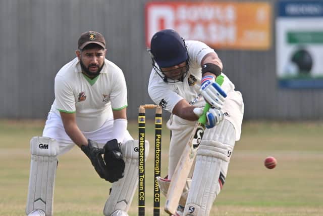 Sandeep Nanda batting for Peterborough Town against Barnack. Photo David Lowndes.