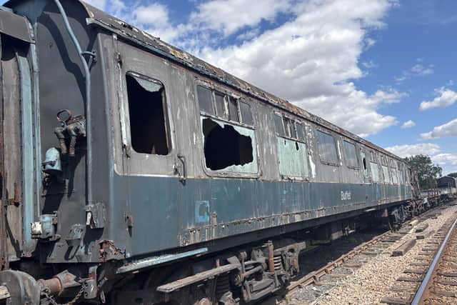 One of the damaged carriages at Nene Valley Railway, Peterborough