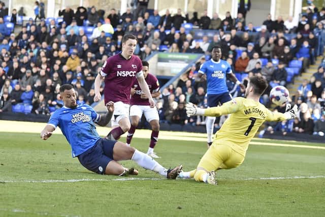 Jonson Clarke-Harris goes close for Posh. Photo: David Lowndes.