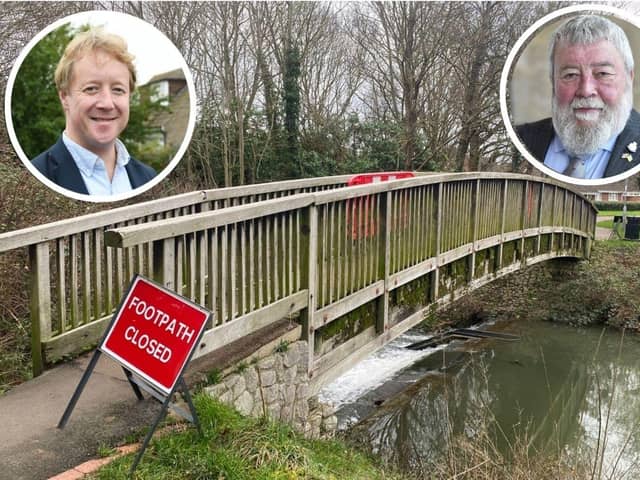 One of the bridges at Cuckoos Hollow in Peterborough. Inset, top left, Peterborough MP Paul Bristow. Top right, Werrington First Councillor John Fox.