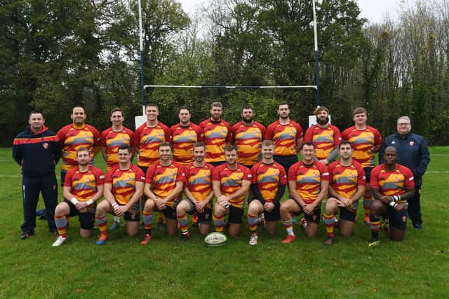 Peterborough RUFC line-up before their historic win at Peterborough Lions. The team are seeking a shirt sponsor. Contact is coach Shane Manning by email at shanetoe@hotmail.com. Photo: David Lowndes.
