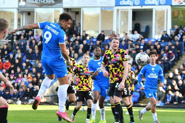 Jonson Clarke-Harris misses a great chance to score a second Posh goal against Carlisle. Photo David Lowndes.