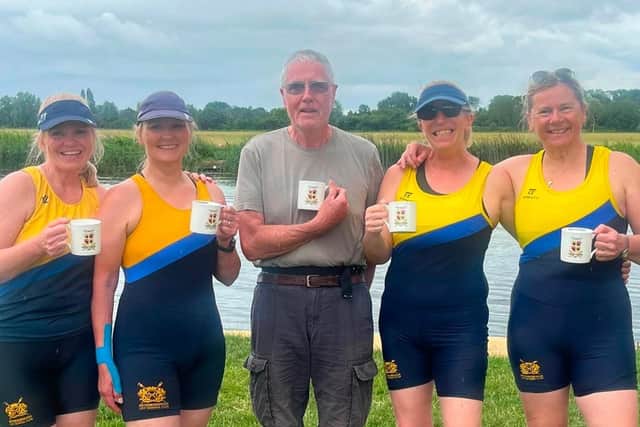 A winning City crew at St Ives, Andy Merchant, Denise Parker, Julie Evison-Williams, Kate Crosby and cox Ian Davis