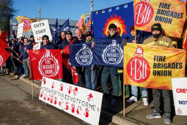 Fire Brigades Union protesters in Huntingdon. Photo: Mark Thomas.