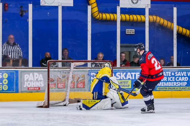 Austin Mitchell-King scores for Phantoms against Leeds Knights. Photo SBD Photography