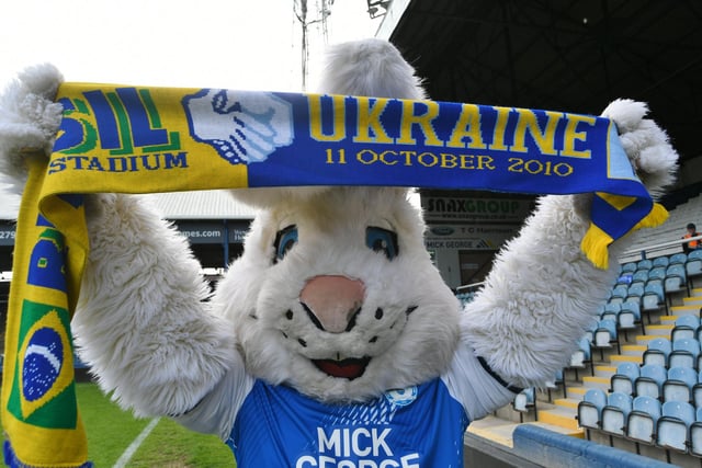 Posh mascot Peter Burrow showing his support for Ukraine.