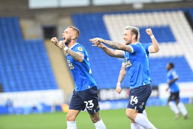 Joe Ward celebrates his goal for Posh against Port Vale. Photo: David Lowndes,