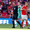 Barnsley's Adam Phillips has just been sent off at Wembley. (Photo by Richard Heathcote/Getty Images).