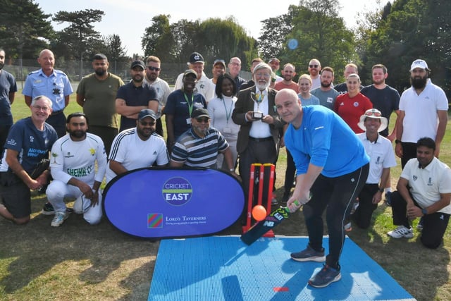 Cricket match between the Peterborough Joint Mosques Council and Cambridgeshire Police with Peterborough City Council. At the crease chief constable Nick Dean