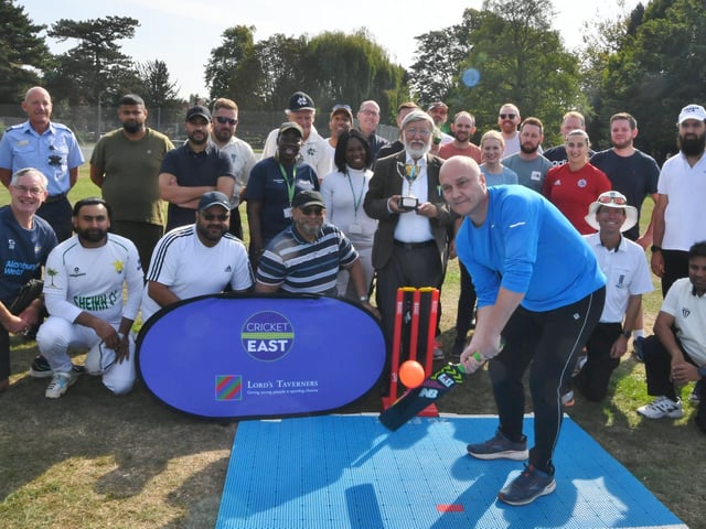 Cricket match between the Peterborough Joint Mosques Council and Cambridgeshire Police with Peterborough City Council. At the crease chief constable Nick Dean