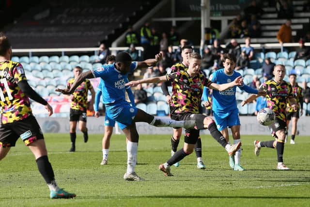 Kwame Poku of Peterborough United hit this first-half chance over the crossbar against Carlisle. Photo Joe Dent/theposh.com.