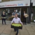 Ishfaq Hussain, Paul Bristow MP and Jagoda Kwiatkowska supplying food to Margaret Prince and Christine Nice (left) from the  WestRaven Community Cafe in 2020.