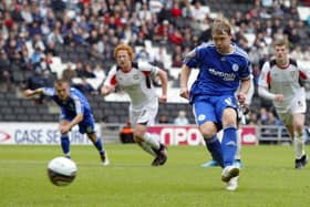 Grant McCann scores from the penalty spot for Posh at MK Dons in the 2011 League One play-off semi-final. Joe Dent/theposh.com.