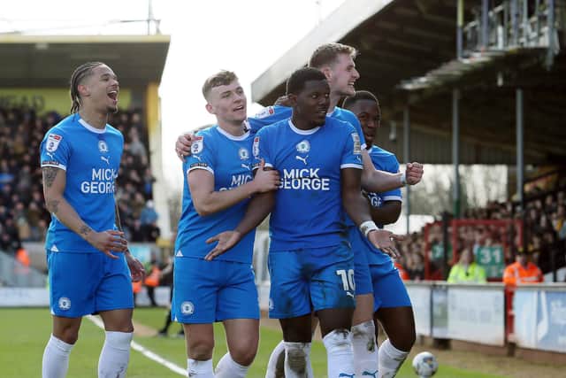 Ephron Mason-Clark celebrates his goal for Posh at Cambridge United. Photo Joe Dent/theposh.com.
