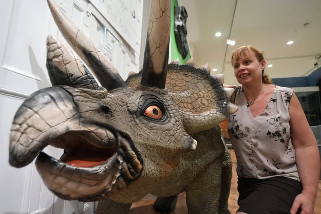 Extinction exhibition at Peterborough Museum. Glenys Wass, collections manager, with the dinosaur