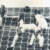 John Cozens scores for Posh against Leeds United in 1974.