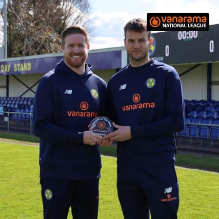 Peterborough Sports joint managers Michael Gash (left) and Luke Steele with their manager-of-the-month prize.