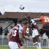 MIchael Gash in aerial action for Peterborough Sports against South Shields. Photo: David Lowndes.