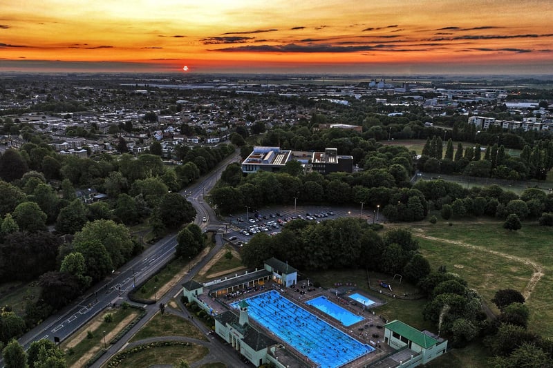 Peterborough Lido captured by drone as the sun rises across the city (image: Paul Marriott).
